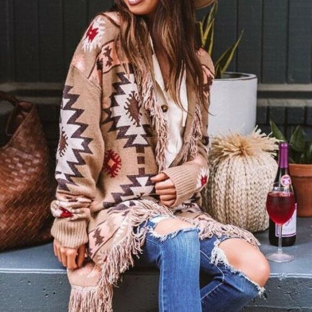 New Aztec Fringe Cardigan Sweater Coat - Picture 3 of 8